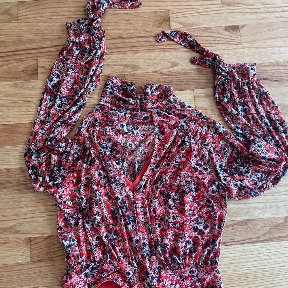 Free People All Dolled Up Mesh Orange Florals Long Sleeve Top Size S